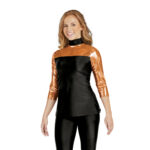 pull-on color guard top in copper metallic and black, front view on model