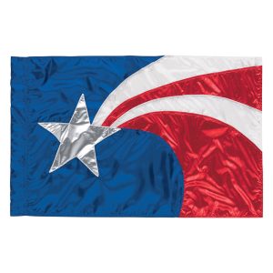 blue, white, metallic red, and metallic silver sewn color guard flag