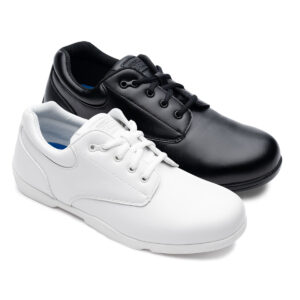 black and white options of Super Drills marching band shoes.