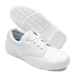 white Super Drills marching band shoes, pair with front three-quarters and sole.