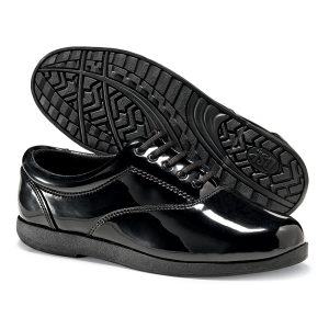 black dsi showstopper patent marching shoe sole and side view