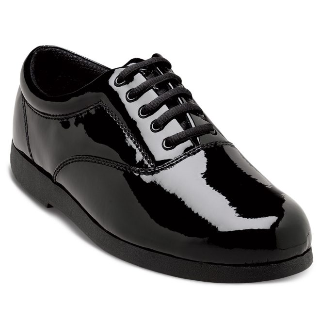 black dsi showstopper patent marching shoe front view