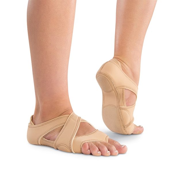 tan danshuz neoprene cross wrap guard shoe side and sole view on feet