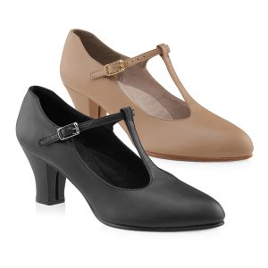tan and black options capezio junior footlight t-strap character shoe side view