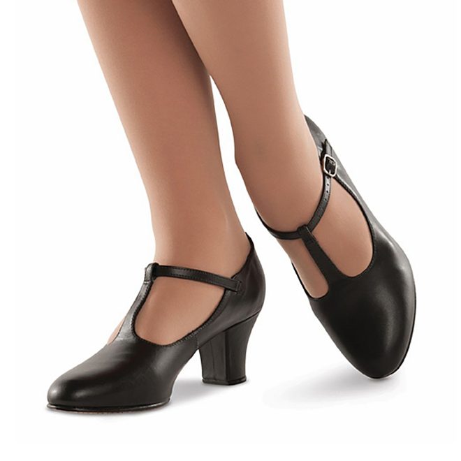 black capezio junior footlight t-strap character shoe side and top view