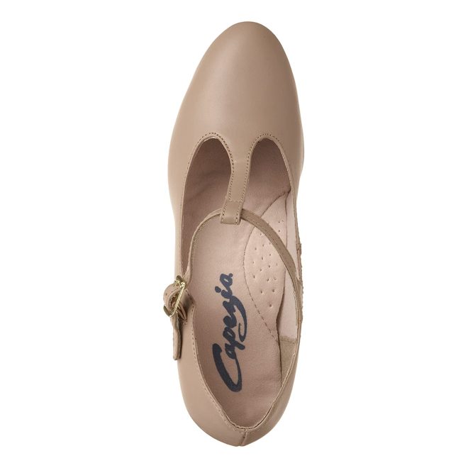 tan capezio junior footlight t-strap character shoe top view