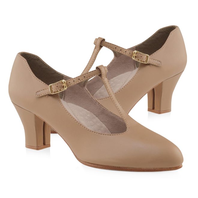 tan capezio junior footlight t-strap character shoe side views