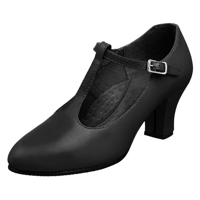 black capezio junior footlight t-strap character shoe side view