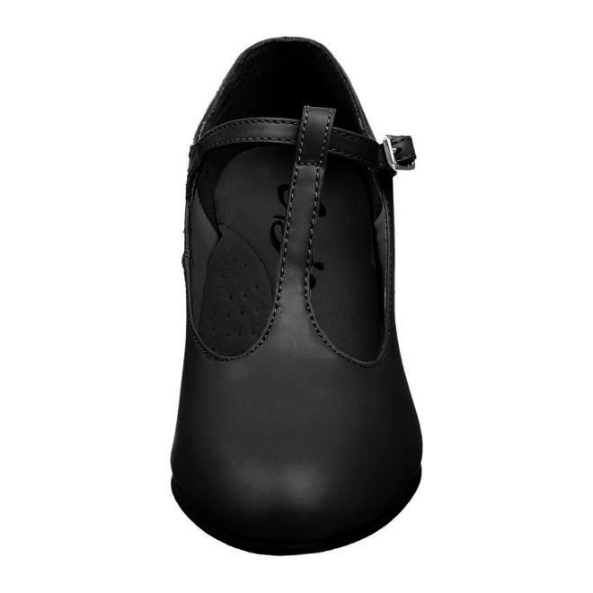 black capezio junior footlight t-strap character shoe front view