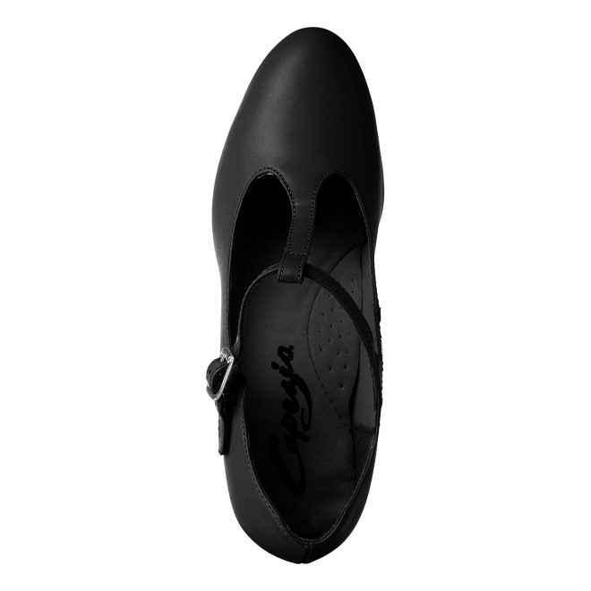 black capezio junior footlight t-strap character shoe top view