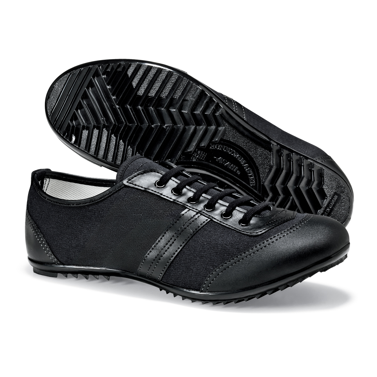 pair of black asahi in step dance shoes, profile with sole