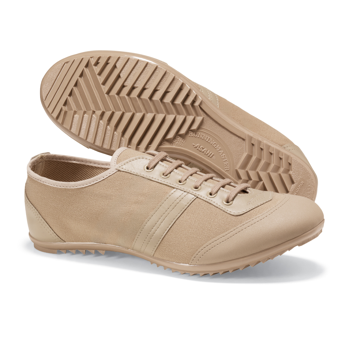 pair of tan asahi in step dance shoes, profile with sole