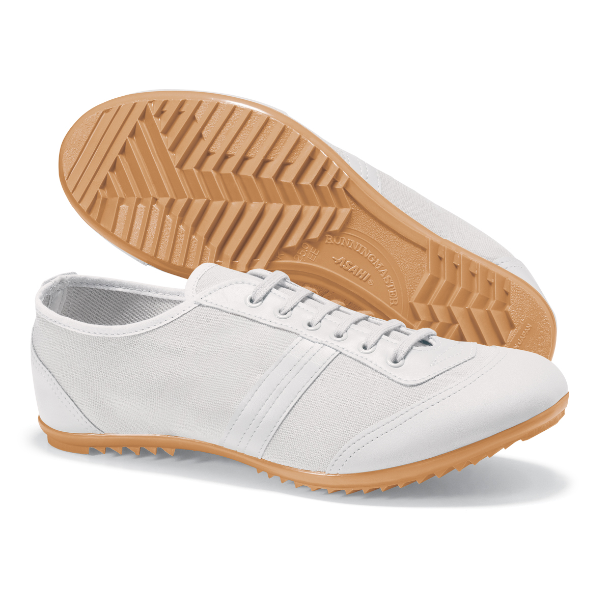 pair of white asahi in step dance shoes, profile with sole