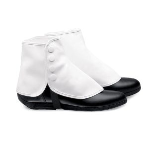 white vinyl snap spats worn over black shoes