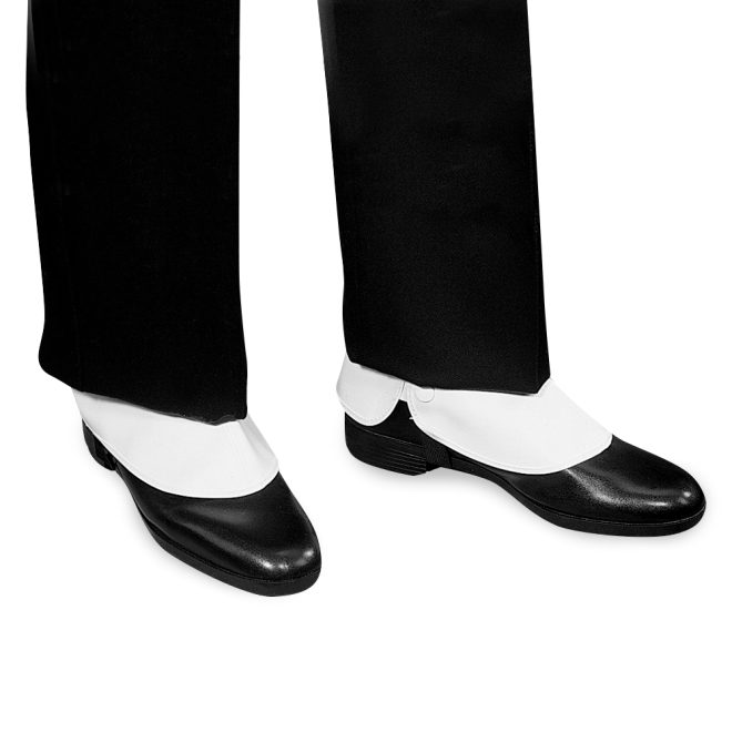 white vinyl snap spats worn over black shoes