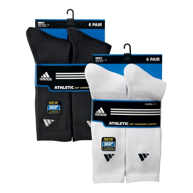 black and white options for adidas athletic crew socks 6-pack