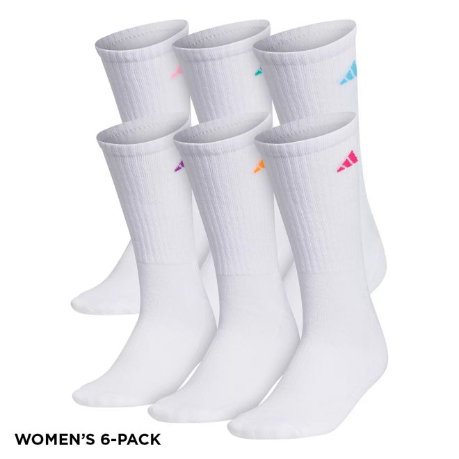 women white adidas athletic crew socks with colorful logos 6 pack