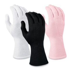 group of black, white, and pink long wrist cotton gloves, back view