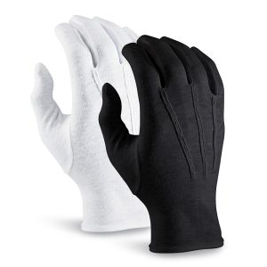 black and white options for long wrist cotton military band gloves back view