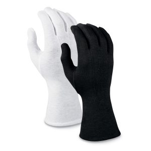 black and white options for long wrist polyester band gloves back view