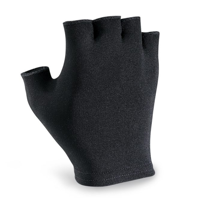 black wrist length half band gloves back view