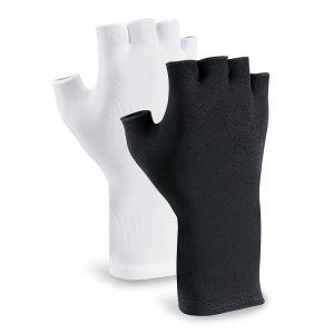 black and white color options for long wrist half band gloves back view