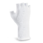 white long wrist half band gloves back view