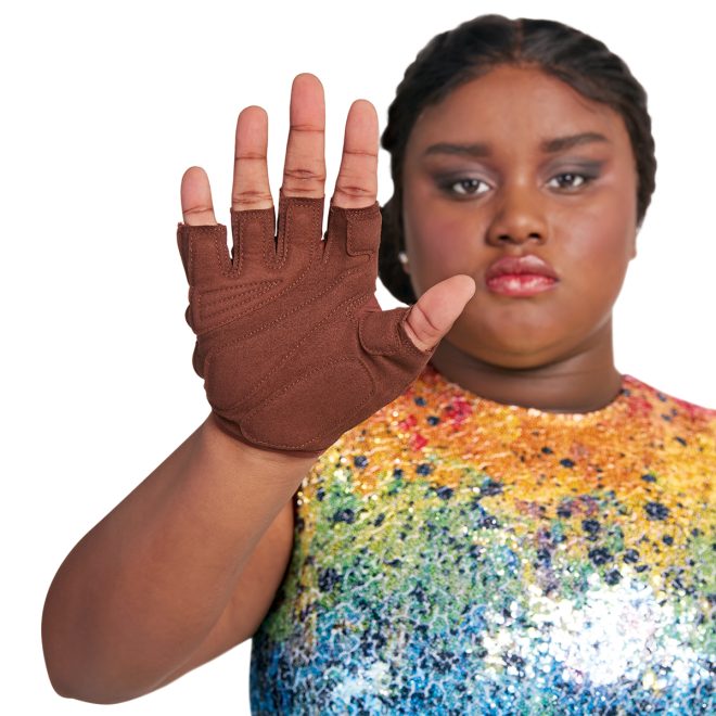 palm view of SpinPro fingerless color guard gloves with model