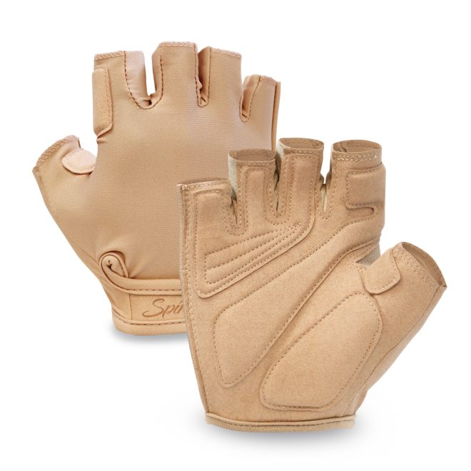 tan spinpro fingerless guard gloves palm and back view