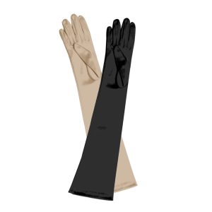 gold and black satin above the elbow length concert gloves palm view