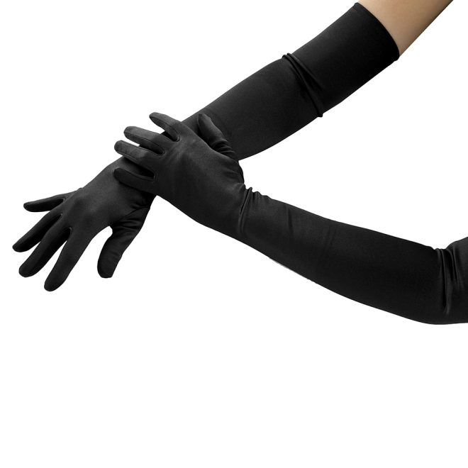 black satin above the elbow length concert gloves back of hand view