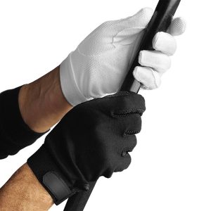 black and white options for dinkles hook n loop closure sure grip gloves back and palm view holding flag pole