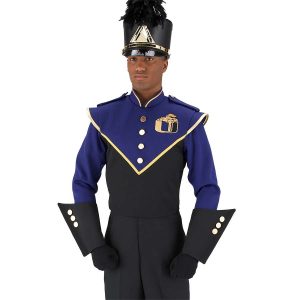 Custom black and purple with gold trim long sleeve marching band uniform. Front view with black with gold accessories shako, black gauntlets, black gloves, and black pants