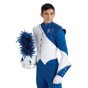 Custom white and royal marching band uniform. Front view with royal pants, white gloves, and matching shako and gauntlets