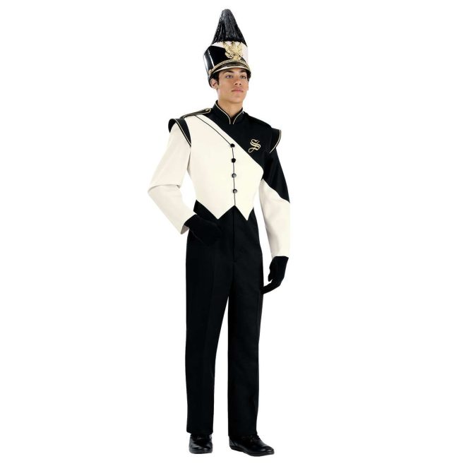 Custom cream and black with gold detailing marching band uniform. Front view with black pants and gloves, and matching shako