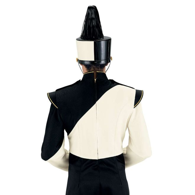 Custom cream and black with gold detailing marching band uniform. Back view with black pants and matching shako