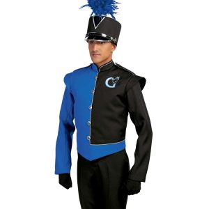 Custom royal and black with silver detailing marching band uniform. Front view with black shako with silver accessories and royal plume, black gloves and pants