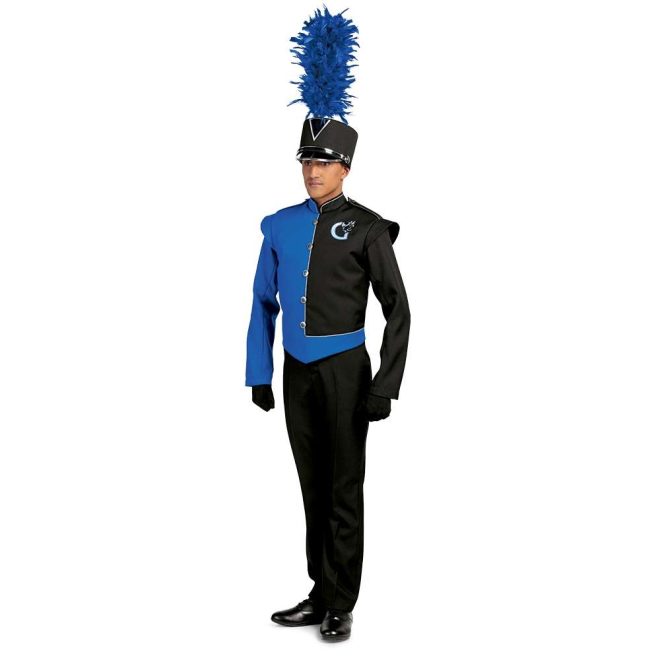 Custom royal and black with silver detailing marching band uniform. Front view with black shako with silver accessories and royal plume, black gloves and pants