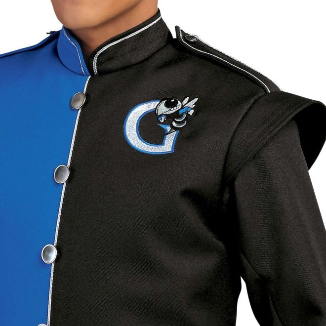 Custom royal and black with silver detailing marching band uniform. Front view close up