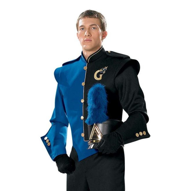 Custom royal and black with gold detailing marching band uniform. Front view with black shako with gold accessories and royal plume, black gloves and pants, one royal gauntlet, and one black gauntlet