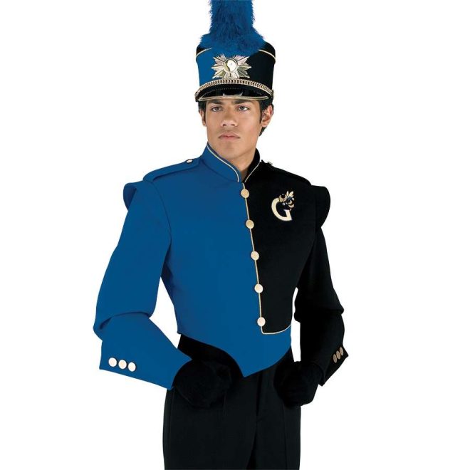 Custom royal and black with gold detailing marching band uniform. Front view with matching shako, black gloves and pants, one royal gauntlet, and one black gauntlet