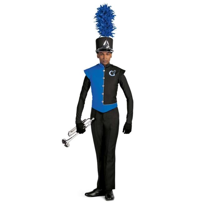 Custom royal and black with silver detailing marching band uniform. Front view with black shako with silver accessories and royal plume, black gloves and pants holding instrument