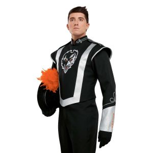 Custom black with silver detailing marching band uniform. Front view with black pants, gloves, and aussie hat with orange feather.