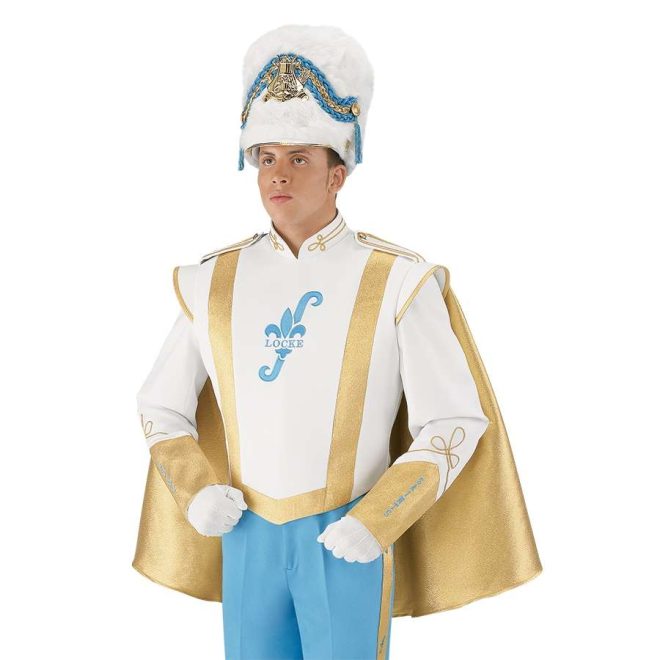 Custom white with gold and light blue detailing marching band uniform. Front view with matching busby hat, light blue pants, white gloves, and gold cape