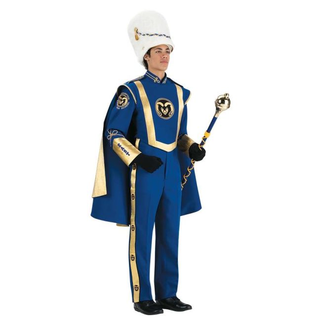 Custom royal with gold detailing marching band uniform. Front view with white busby hat, gold and blue cape, black gloves and blue pants holding amazing mace