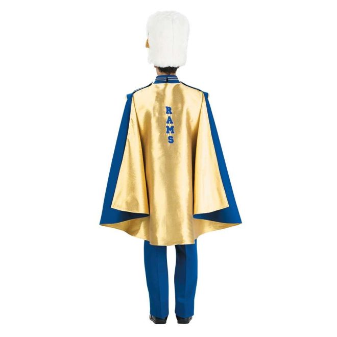 Custom royal with gold detailing marching band uniform. Back view with white busby hat, gold and blue cape, and blue pants