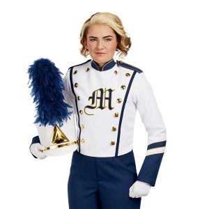 Custom white with navy and gold detailing marching band uniform. Front view with matching shako, navy pants, and white gloves