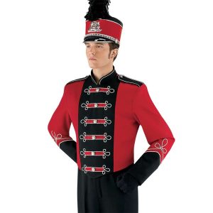 Custom red and black with white detailing marching band uniform. Front view with matching shako, black gloves and pants