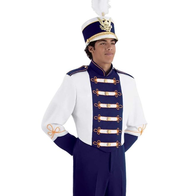 Custom purple and white with gold detailing marching band uniform. Front view with matching shako and purple pants