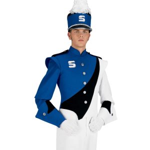 Custom royal, black and white marching band uniform. Front view with matching shako, white gloves and pants, one royal and black gauntlet, and one white and black gauntlet